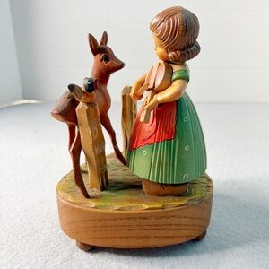 Vintage Wood Toriart Italy Reuge Swiss Music Box Girl Deer Bird Working